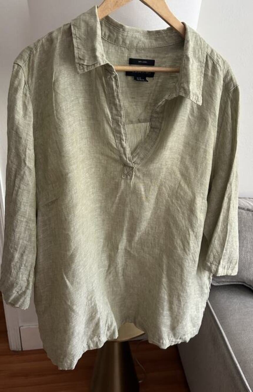 Tahari Linen Coastal Tunic Top 2X Lagenlook Olive V Neck Button